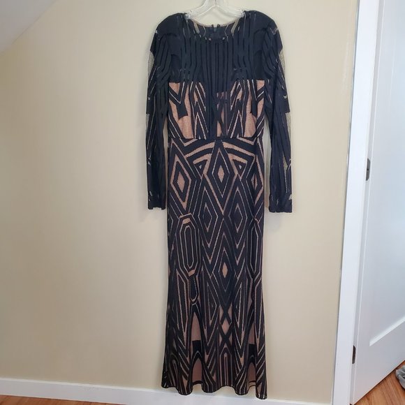 BCBGMAXAZIRA VEIRA DRESS geometric Illusion Boho Maxi Dress Sz 10 black/Nude - Picture 9 of 12